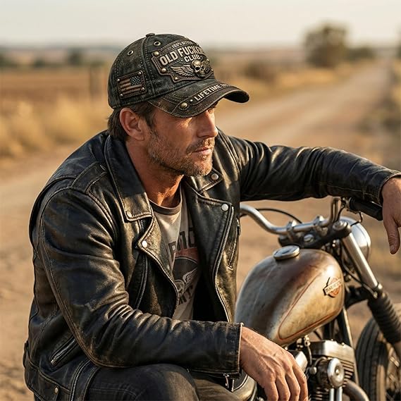 Men's distressed baseball cap with skull and angel wings print